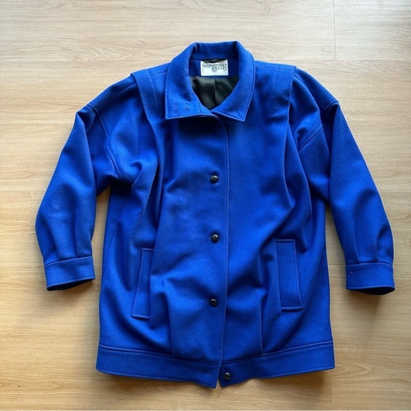 Vintage 80s 100% Wool Bright Cobalt Blue Peacoat Letter Jacket Winter Coat - Picture 1 of 9